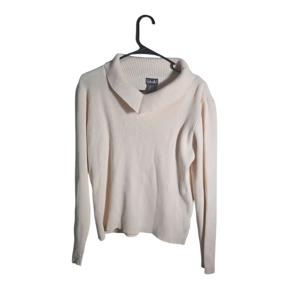 Rafaella Women’s XL Ribbed Cotton Sweater White Collared V-Neck Long Sleeve - Picture 1 of 3